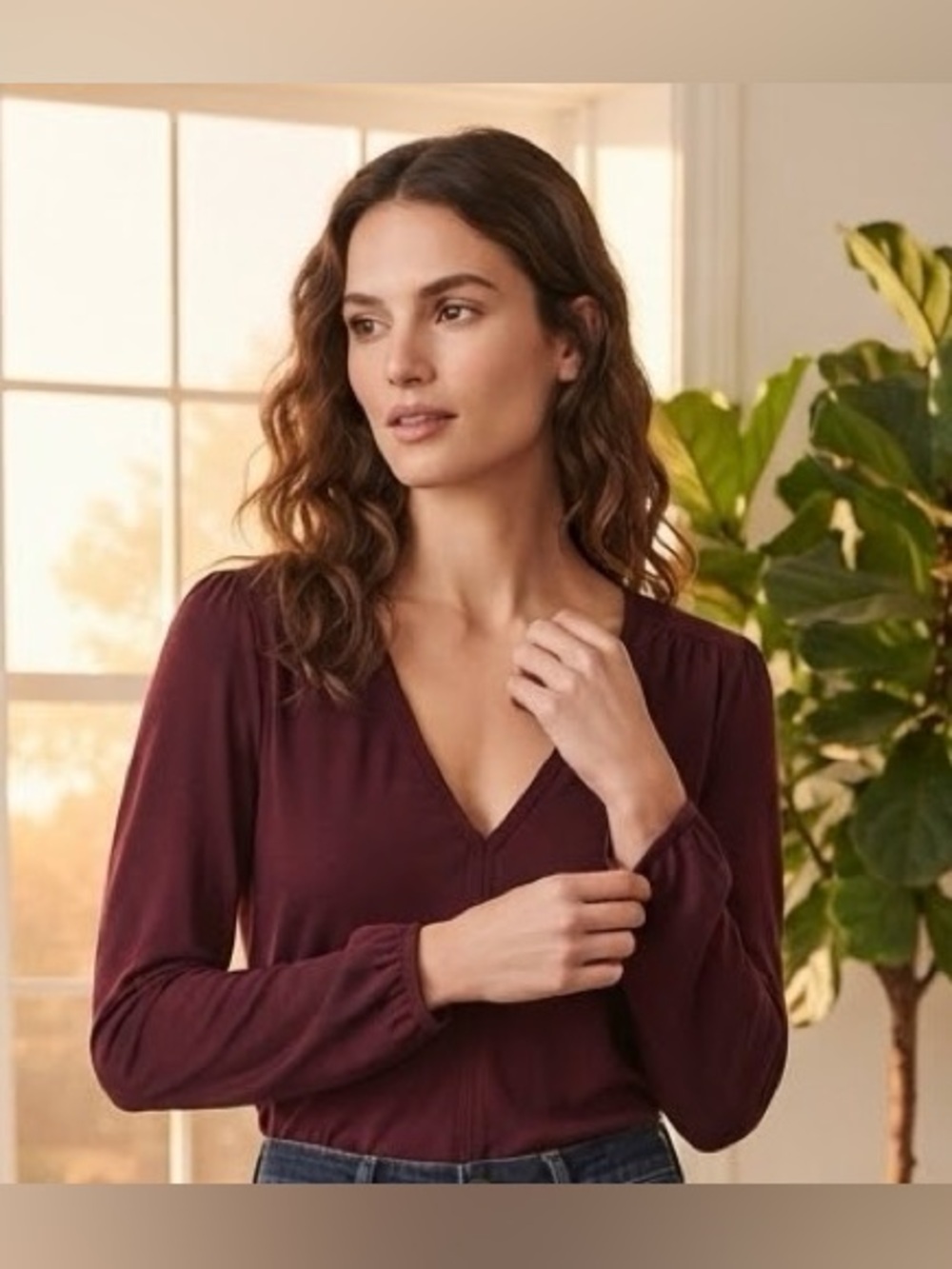 J. Crew V-Neck Long Sleeve Top - Burgundy